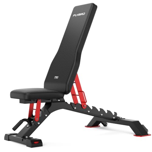 FLYBIRD WB7 Weight Bench, 1300LBS Commercial Adjustable Weight Bench, Workout Bench for Home Gym, Flat Incline Bench Press Heavy Duty Bench with 34'' Extra-Long Backrest and Easy-Roll Wheels