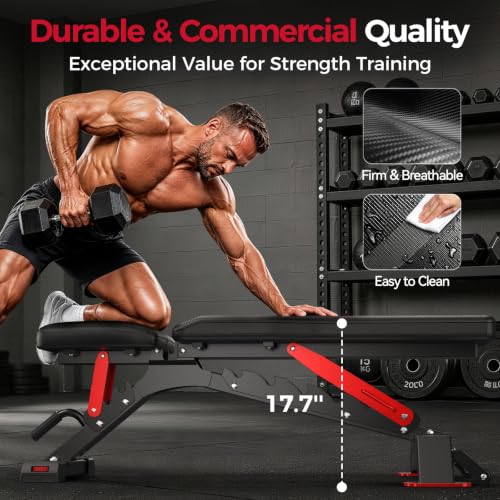 FLYBIRD WB7 Weight Bench, 1300LBS Commercial Adjustable Weight Bench, Workout Bench for Home Gym, Flat Incline Bench Press Heavy Duty Bench with 34'' Extra-Long Backrest and Easy-Roll Wheels