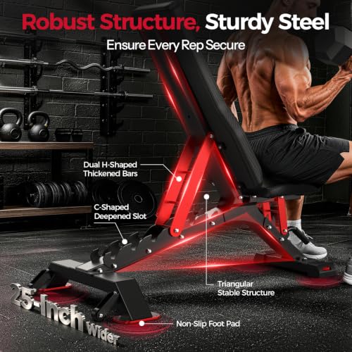 FLYBIRD WB7 Weight Bench, 1300LBS Commercial Adjustable Weight Bench, Workout Bench for Home Gym, Flat Incline Bench Press Heavy Duty Bench with 34'' Extra-Long Backrest and Easy-Roll Wheels