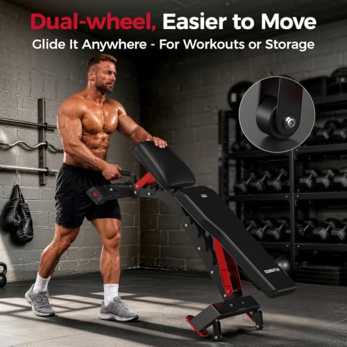 FLYBIRD WB7 Weight Bench, 1300LBS Commercial Adjustable Weight Bench, Workout Bench for Home Gym, Flat Incline Bench Press Heavy Duty Bench with 34'' Extra-Long Backrest and Easy-Roll Wheels