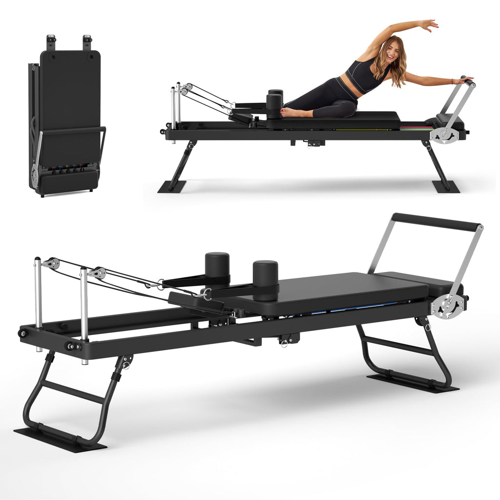 Foldable Pilates Reformer with Adjustable Resistance Bands