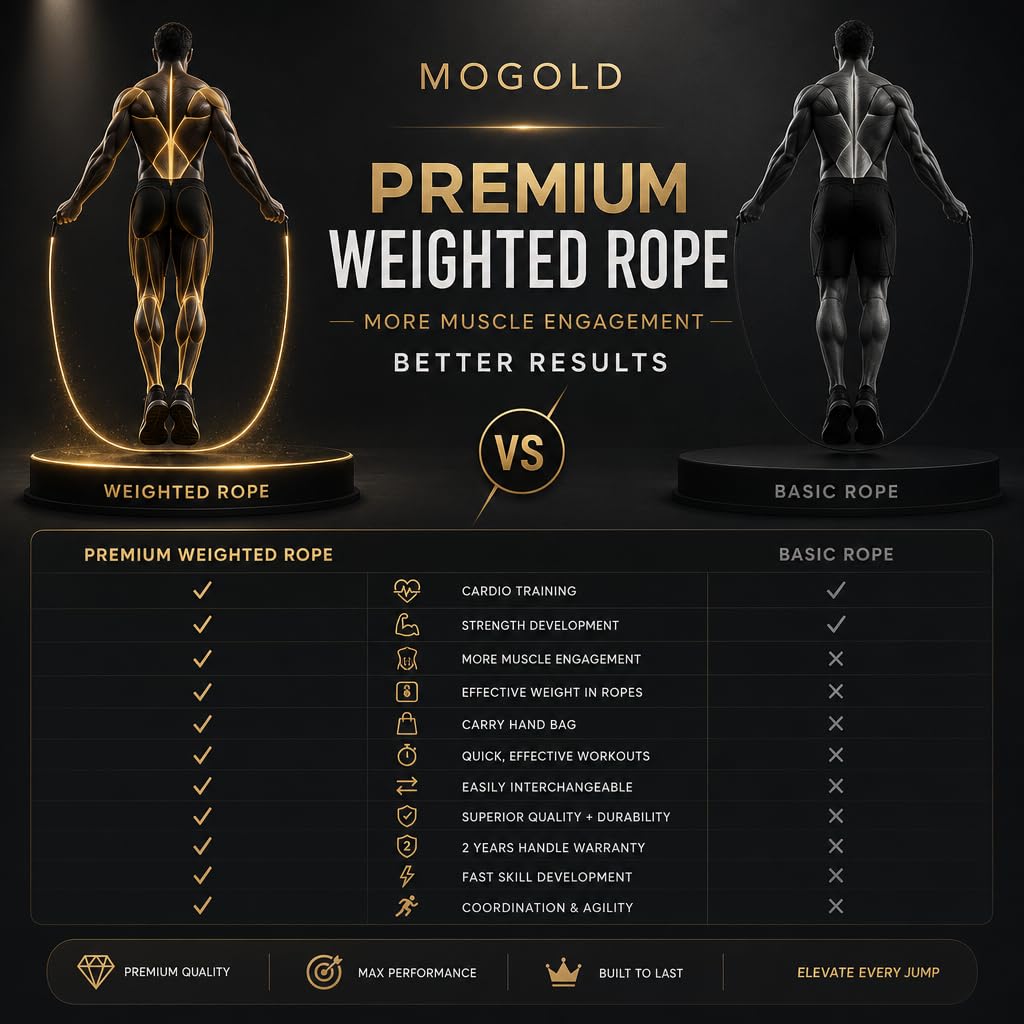 Mogold Weighted Jump Rope for Men Women -Interchangeable 1/5lb 1/4lb 1/2lb Heavy jump ropes - 360 Degree Spin - Length Adjustable,Ergonomics Leather Grip Skipping Rope for Fitness Weight Loss & More