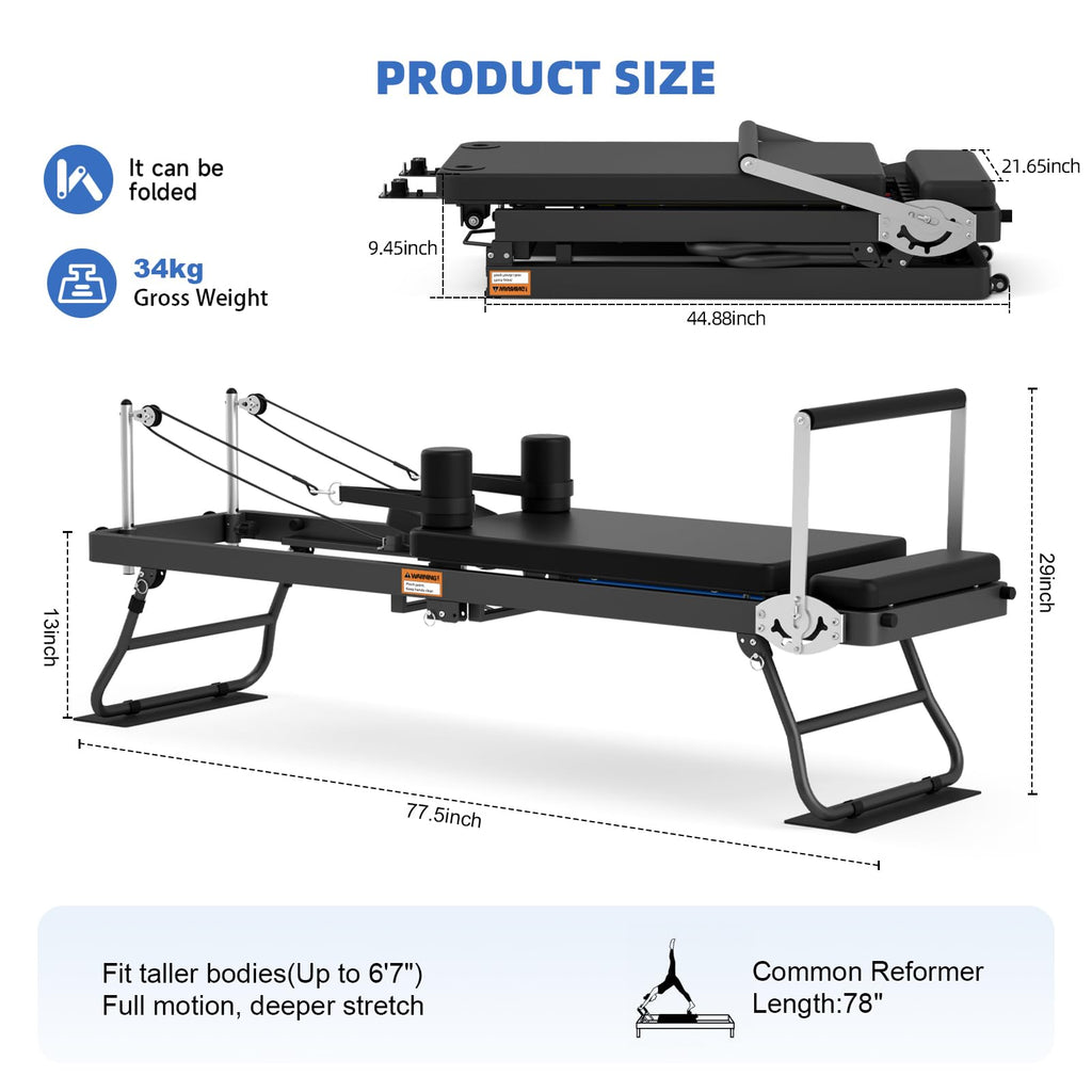 Foldable Pilates Reformer with Adjustable Resistance Bands