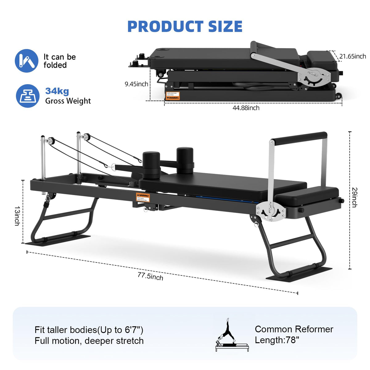 Foldable Pilates Reformer with Adjustable Resistance Bands
