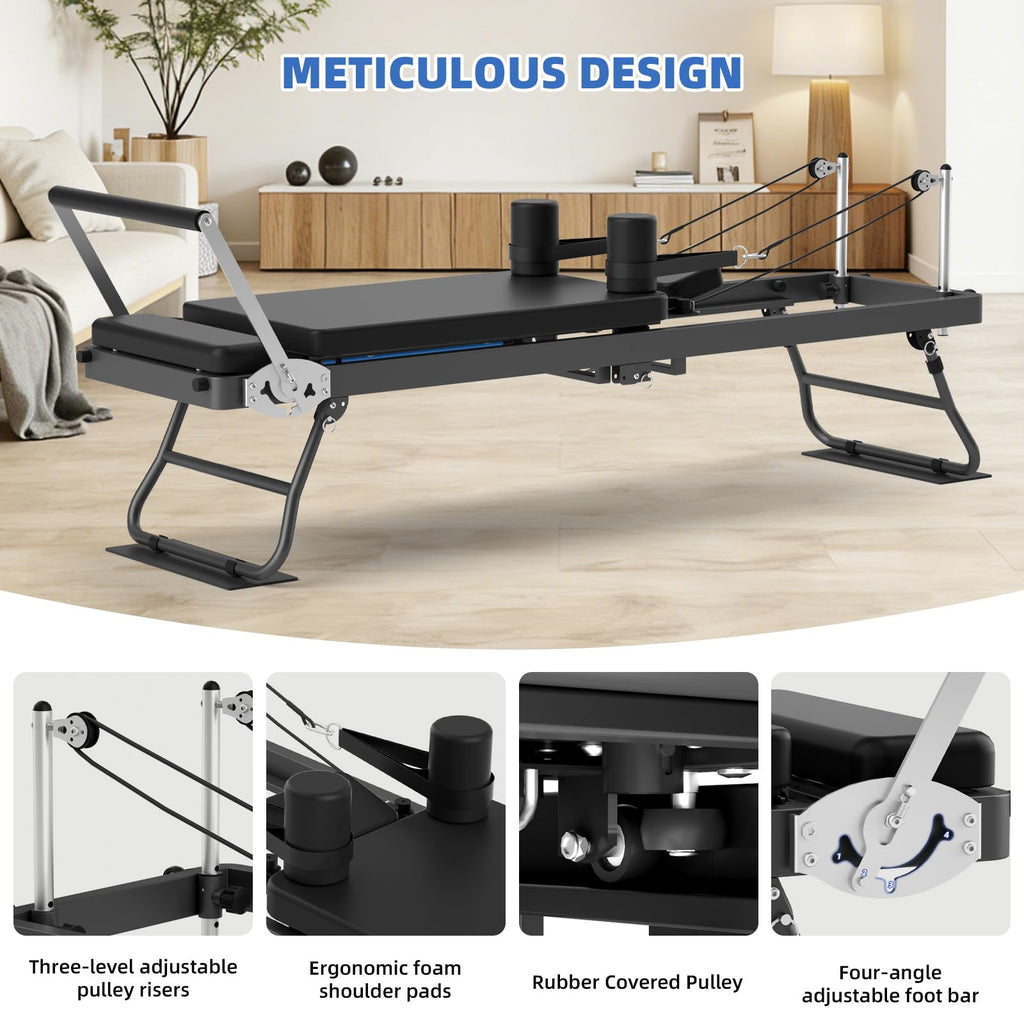 Foldable Pilates Reformer with Adjustable Resistance Bands