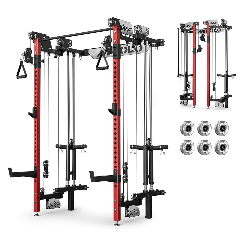 Mikolo Folding Squat Rack, Wall Mounted Power Rack with Cable Crossover Machine & LAT Pull Down, Functional Trainer with 5 Adjustable Function Modes, Home Gym Package