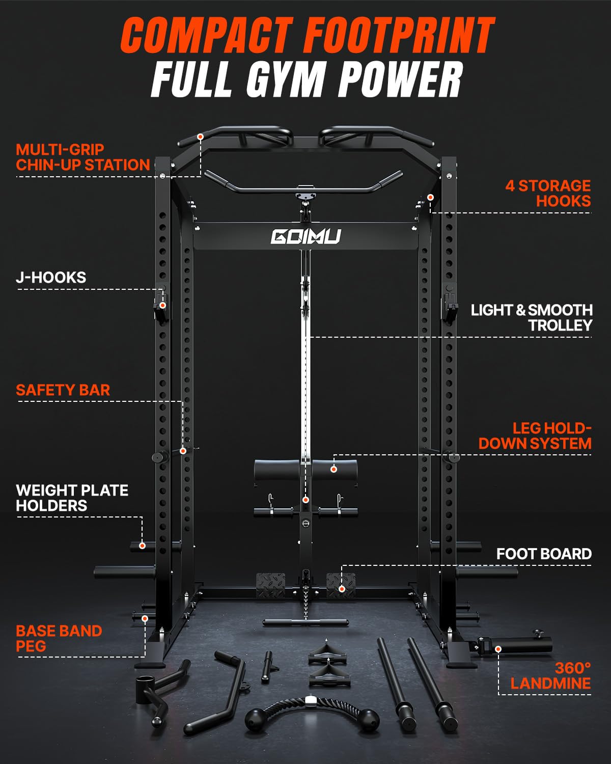GOIMU C1-V4 Pro Power Cage Squat Rack with Leg Hold-Down for LAT Pulldowns
