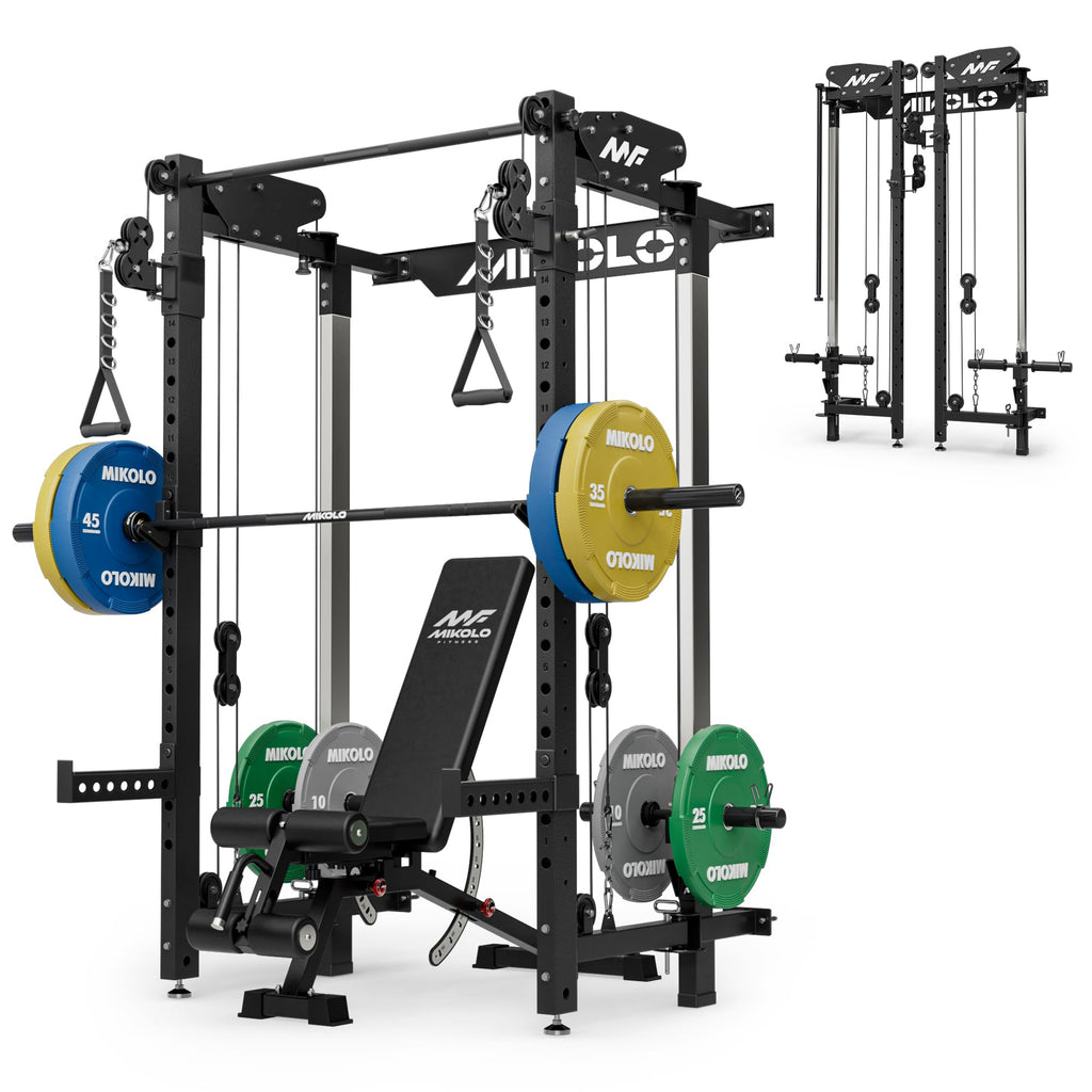 Mikolo Folding Squat Rack, Wall Mounted Power Rack with Cable Crossover Machine & LAT Pull Down, Functional Trainer with 5 Adjustable Function Modes, Home Gym Package