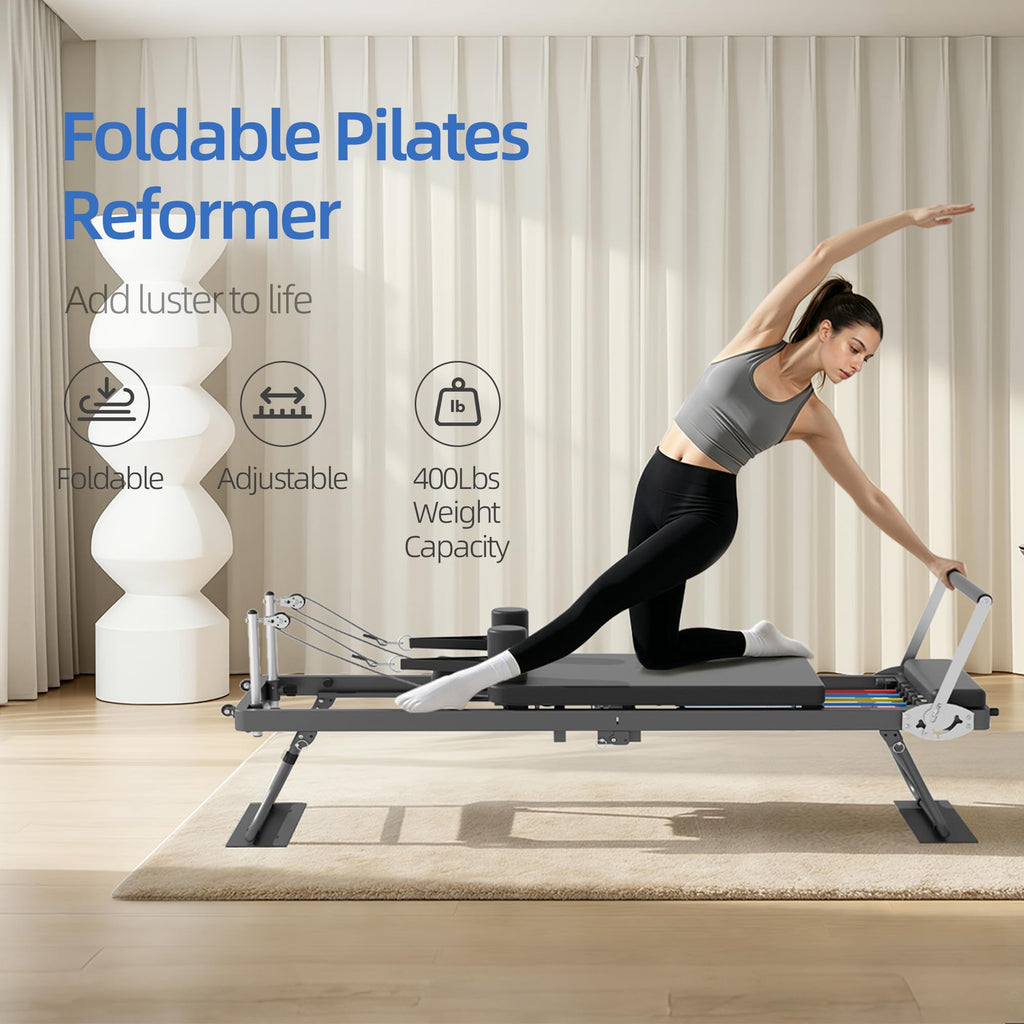 Foldable Pilates Reformer with Adjustable Resistance Bands
