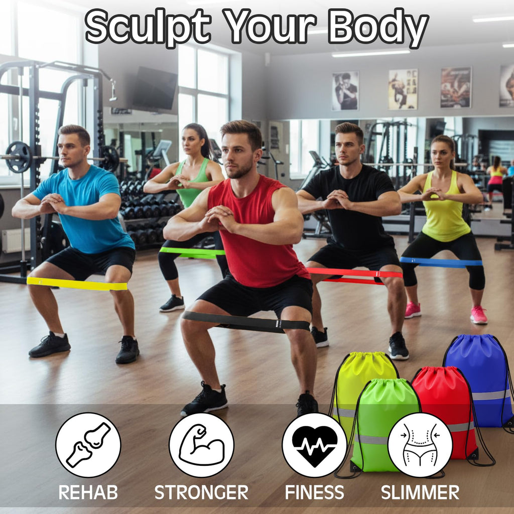 Sratte 120 Pcs Workout Loop Resistance Bands Bulk, Gym Elastic Bands Set for Fitness Sport Class Students Members Gift Physical, 5 Pieces Each Set, with Large Drawstring Backpack Bags