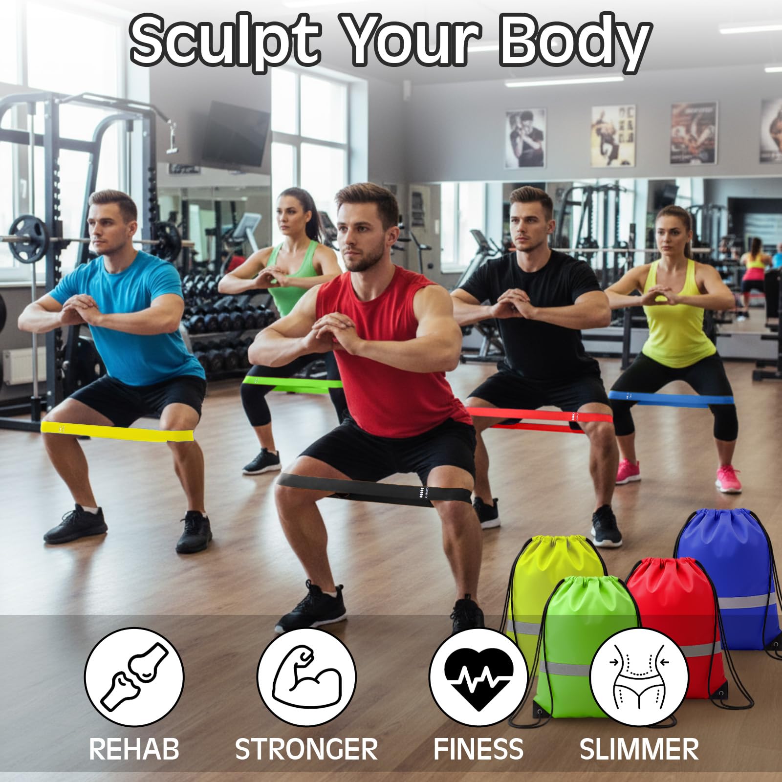 Sratte 120 Pcs Workout Loop Resistance Bands Bulk, Gym Elastic Bands Set for Fitness Sport Class Students Members Gift Physical, 5 Pieces Each Set, with Large Drawstring Backpack Bags