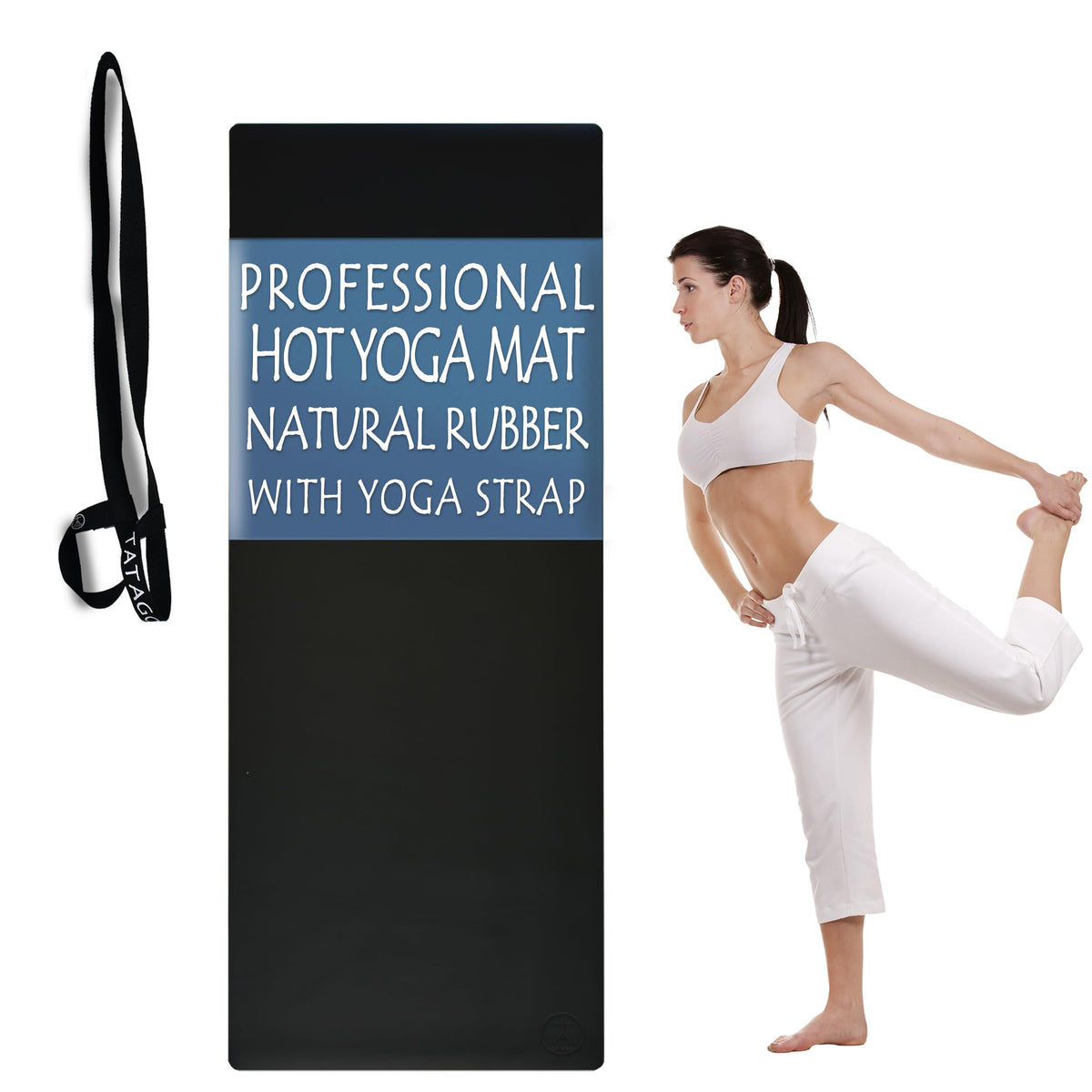 Tatago Non-Slip Natural Rubber Hot Yoga Mat with Strap