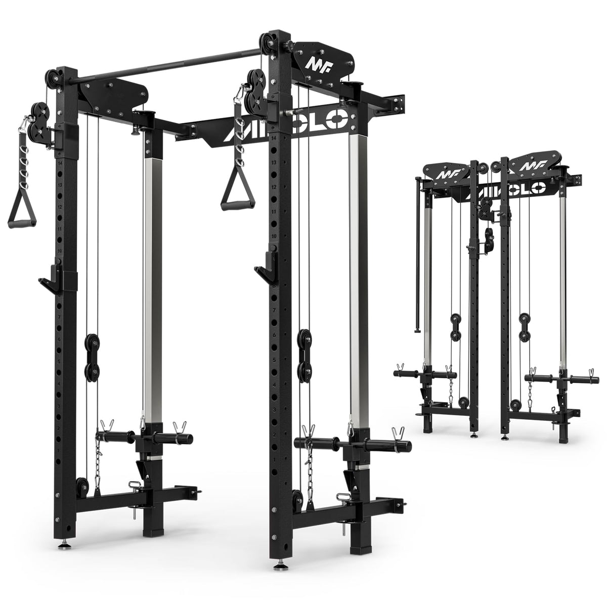 Mikolo Folding Squat Rack, Wall Mounted Power Rack with Cable Crossover Machine & LAT Pull Down, Functional Trainer with 5 Adjustable Function Modes, Home Gym Package