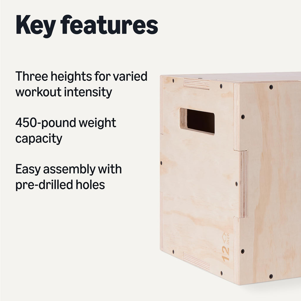 Amazon Basics 3-in-1 Wooden Plyo Box, Non-Slip Plyometric Jump Box with Three Heights for Home Gym Workout, Easy Assembly