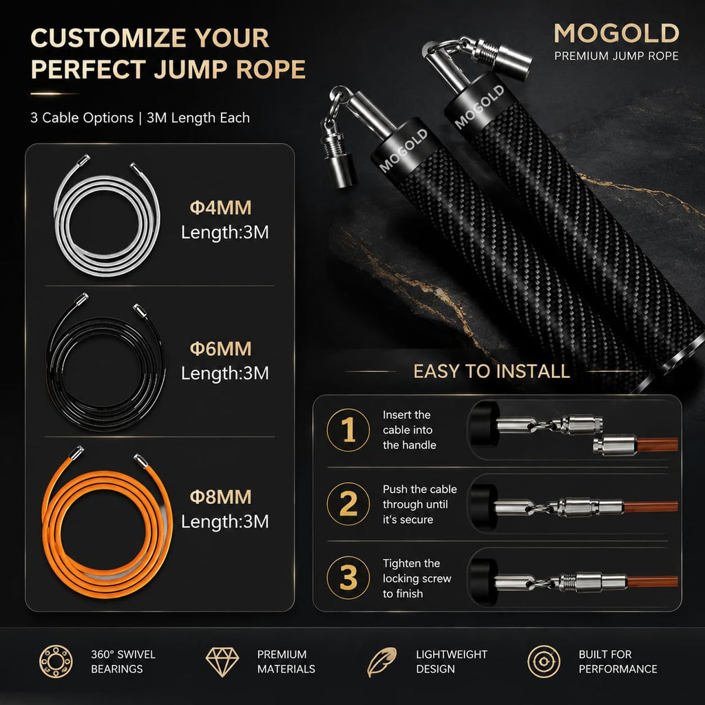 Mogold Weighted Jump Rope for Men Women -Interchangeable 1/5lb 1/4lb 1/2lb Heavy jump ropes - 360 Degree Spin - Length Adjustable,Ergonomics Leather Grip Skipping Rope for Fitness Weight Loss & More