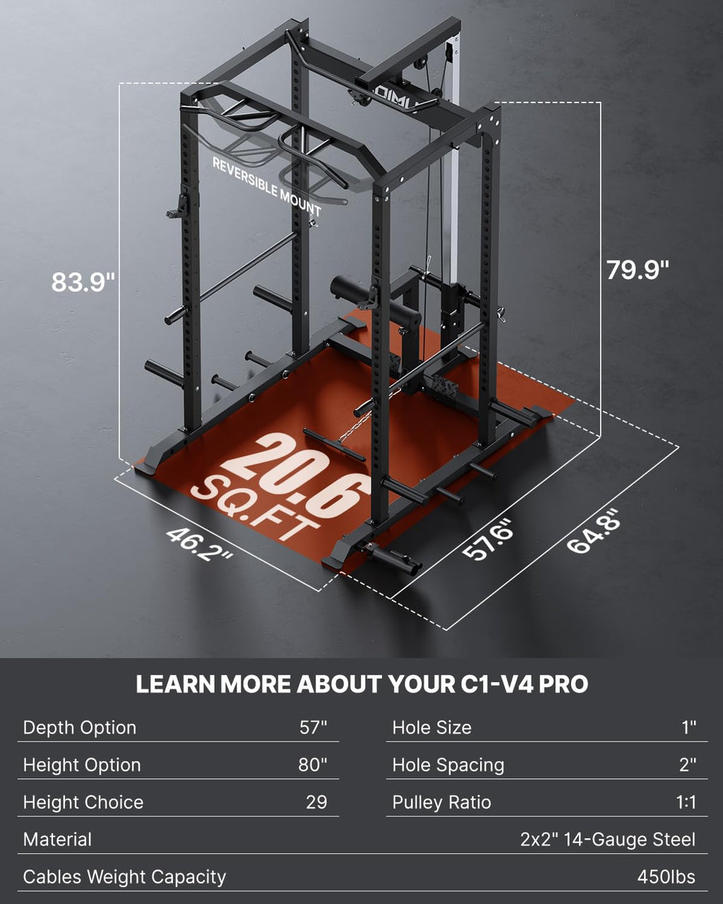 GOIMU C1-V4 Pro Power Cage Squat Rack with Leg Hold-Down for LAT Pulldowns