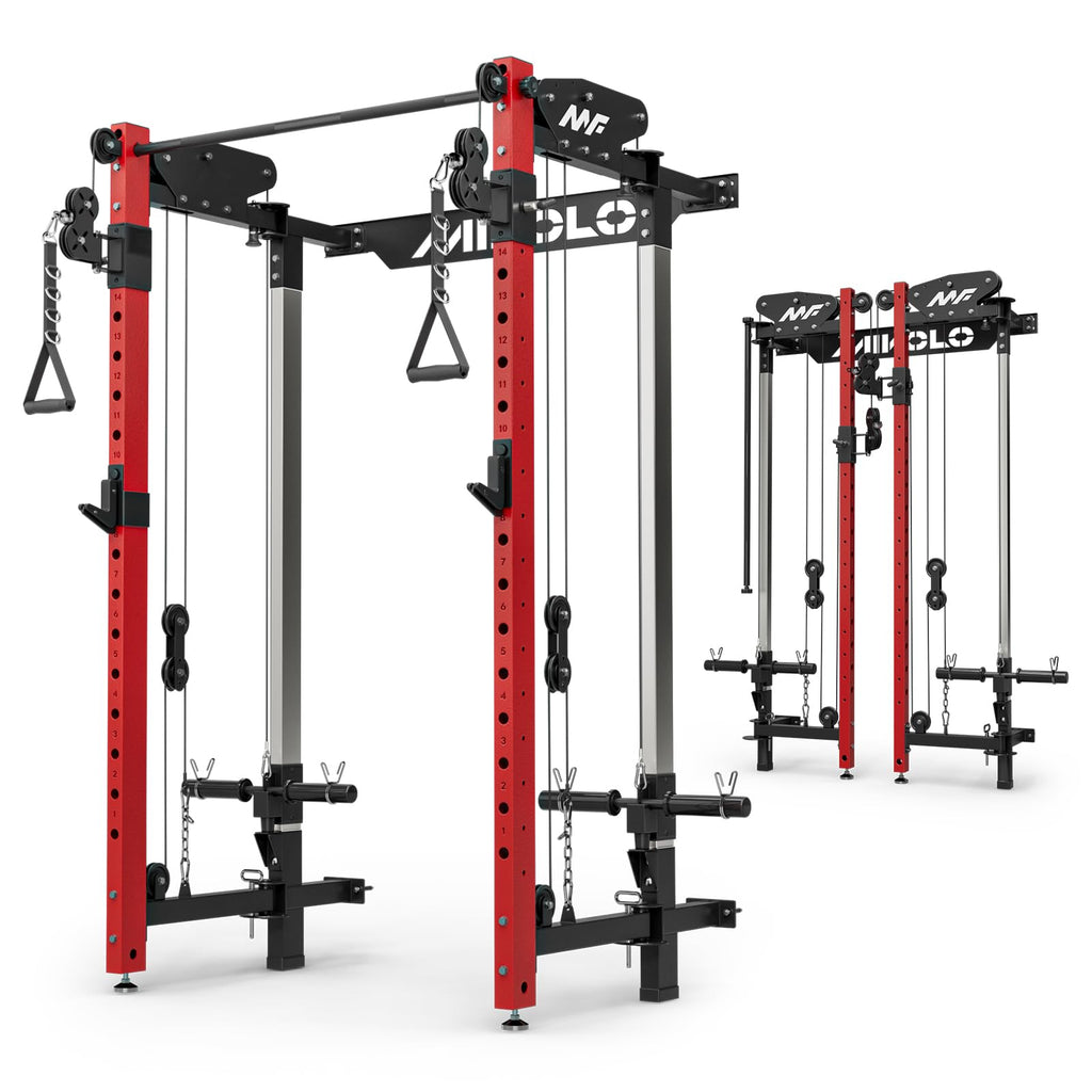 Mikolo Folding Squat Rack, Wall Mounted Power Rack with Cable Crossover Machine & LAT Pull Down, Functional Trainer with 5 Adjustable Function Modes, Home Gym Package
