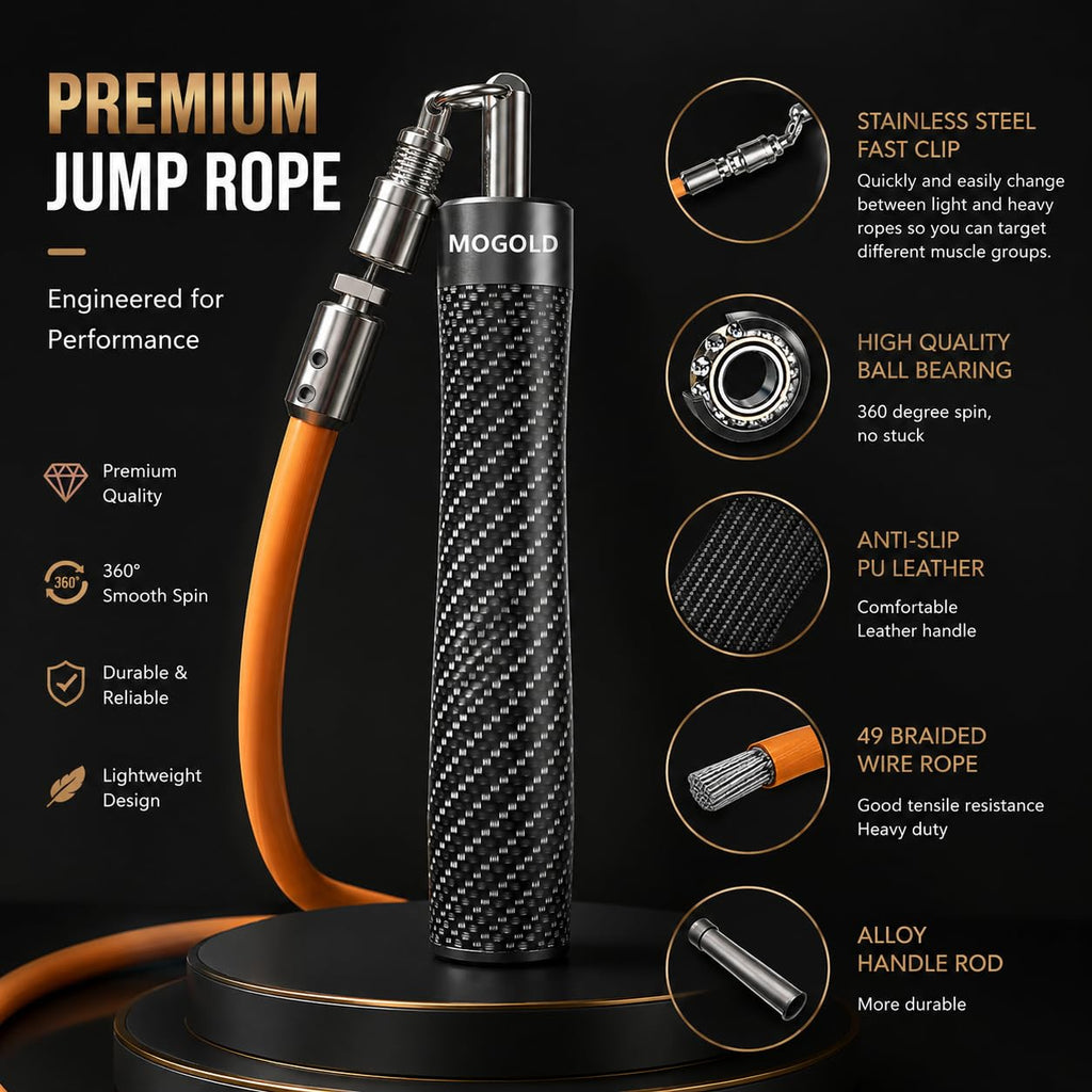 Mogold Weighted Jump Rope for Men Women -Interchangeable 1/5lb 1/4lb 1/2lb Heavy jump ropes - 360 Degree Spin - Length Adjustable,Ergonomics Leather Grip Skipping Rope for Fitness Weight Loss & More