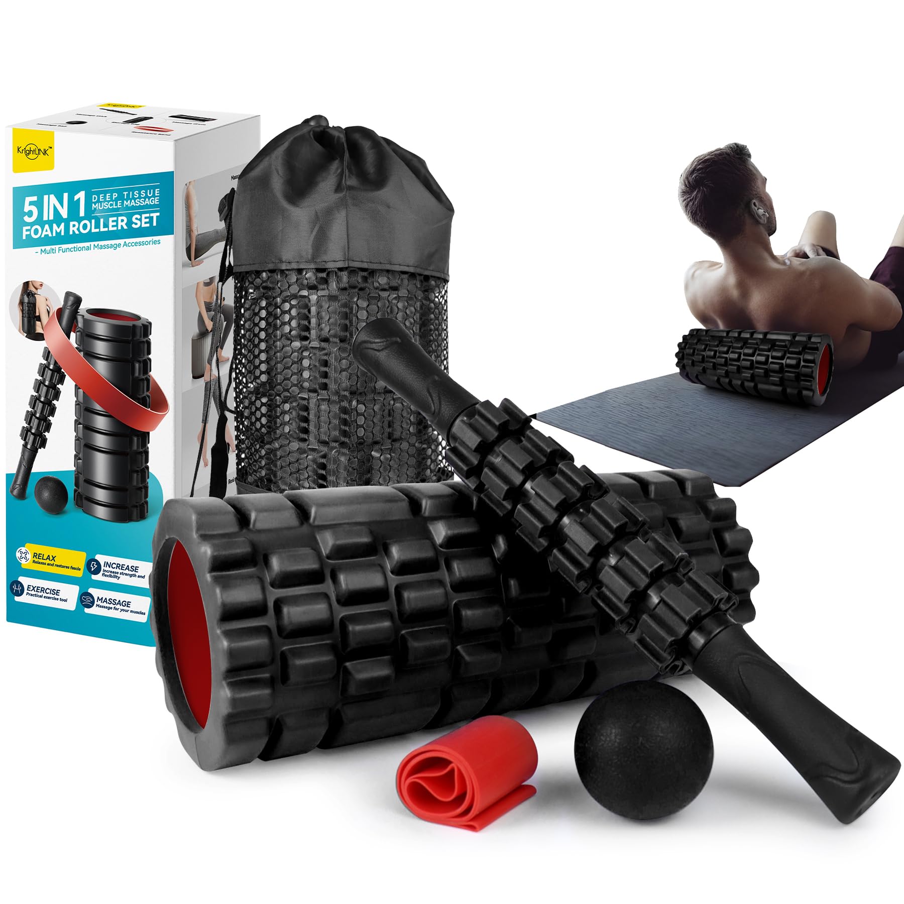 5-in-1 Foam Roller Massage Set with Ball & Stretch Strap