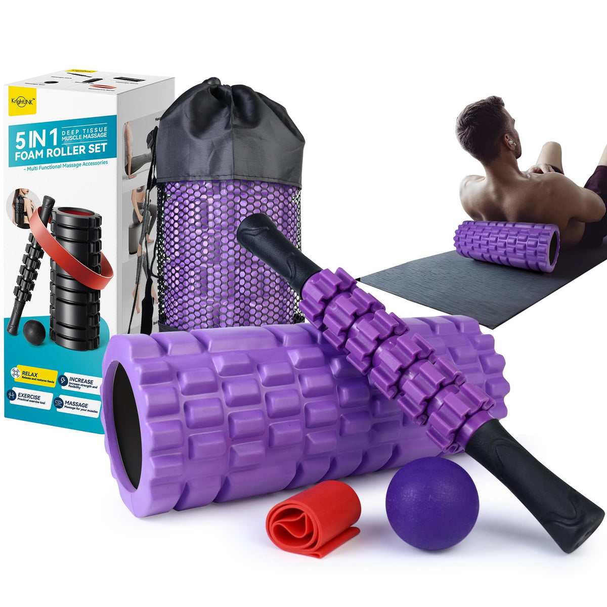 5-in-1 Foam Roller Massage Set with Ball & Stretch Strap