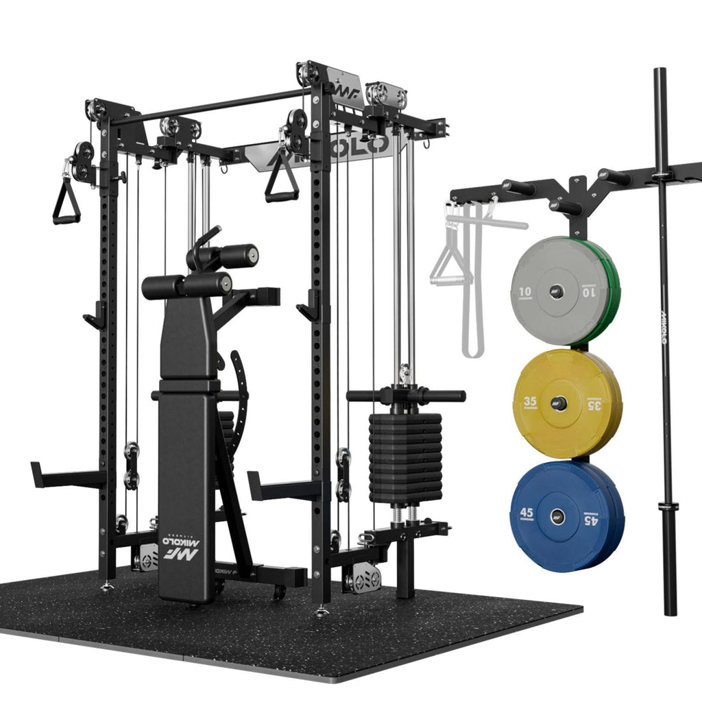 Mikolo Folding Squat Rack, Wall Mounted Power Rack with Cable Crossover Machine & LAT Pull Down, Functional Trainer with 5 Adjustable Function Modes, Home Gym Package