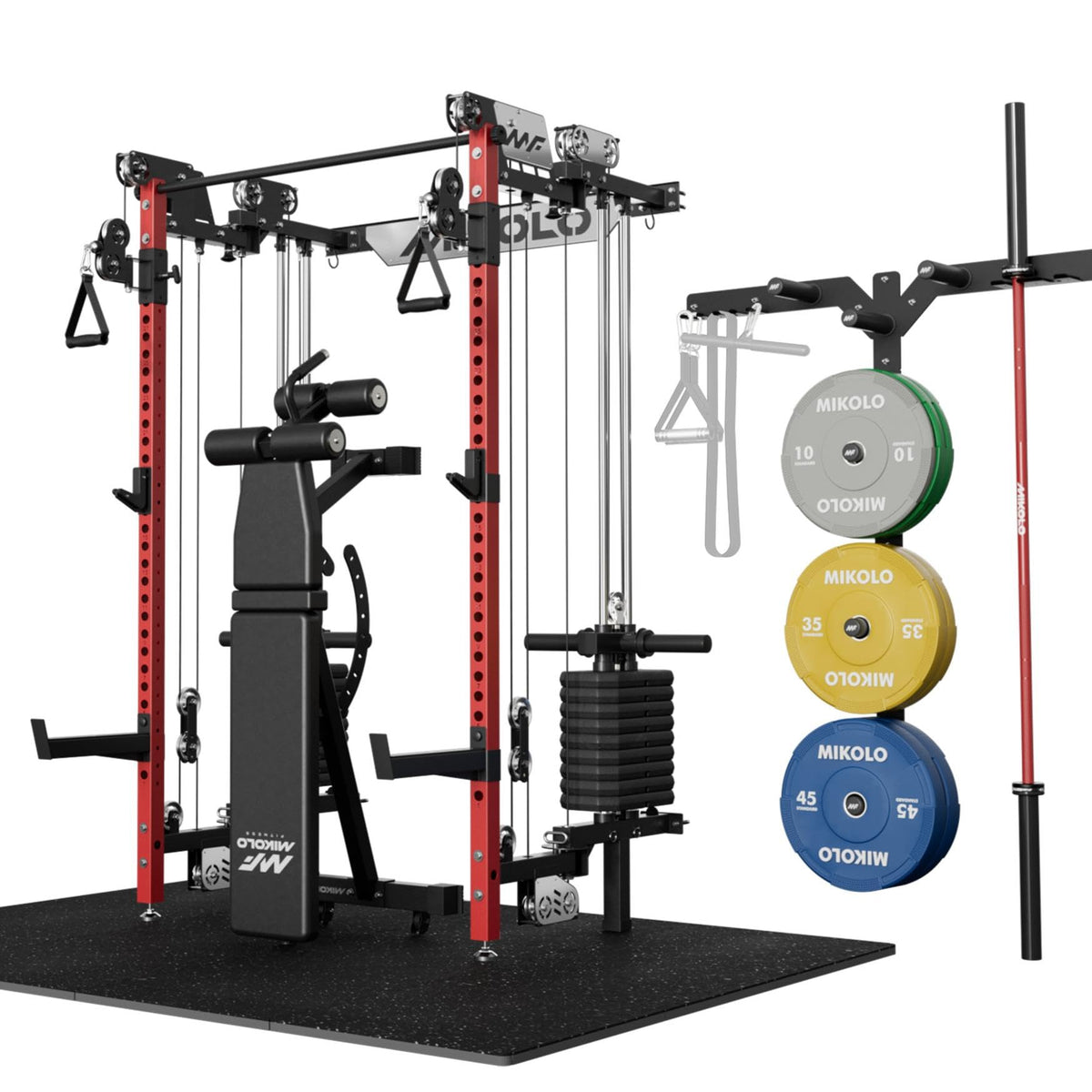 Mikolo Folding Squat Rack, Wall Mounted Power Rack with Cable Crossover Machine & LAT Pull Down, Functional Trainer with 5 Adjustable Function Modes, Home Gym Package