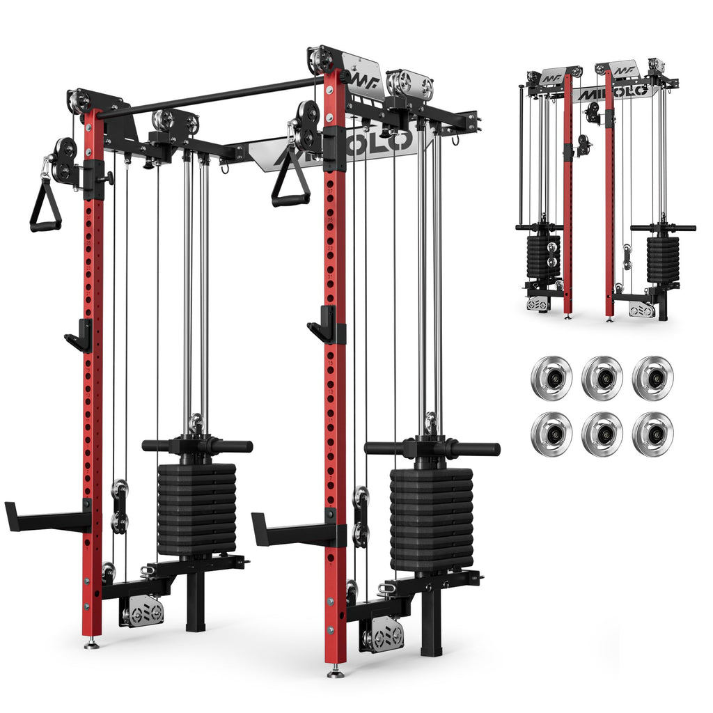 Mikolo Folding Squat Rack, Wall Mounted Power Rack with Cable Crossover Machine & LAT Pull Down, Functional Trainer with 5 Adjustable Function Modes, Home Gym Package