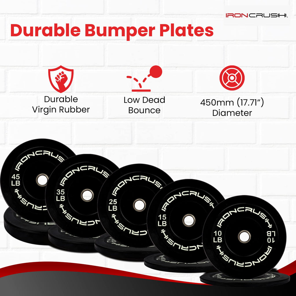 Iron Crush Olympic Bumper Plates Set - Virgin Rubber Weights for Strength Training - Fits 2" Barbells - Sold in Pairs