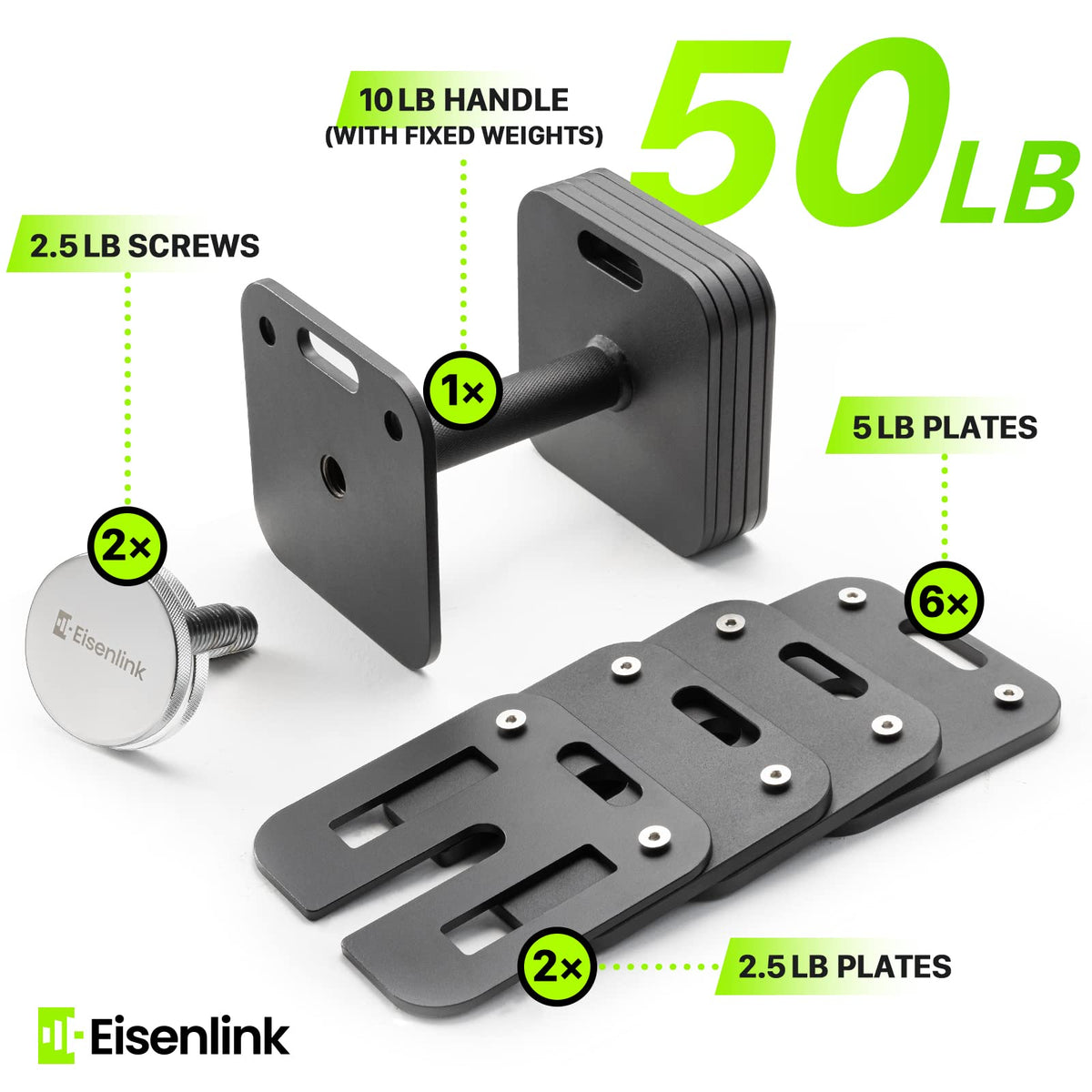 Eisenlink Adjustable Dumbbell Set, 10-50/80lb, 5lb Increments, Quick-Lock