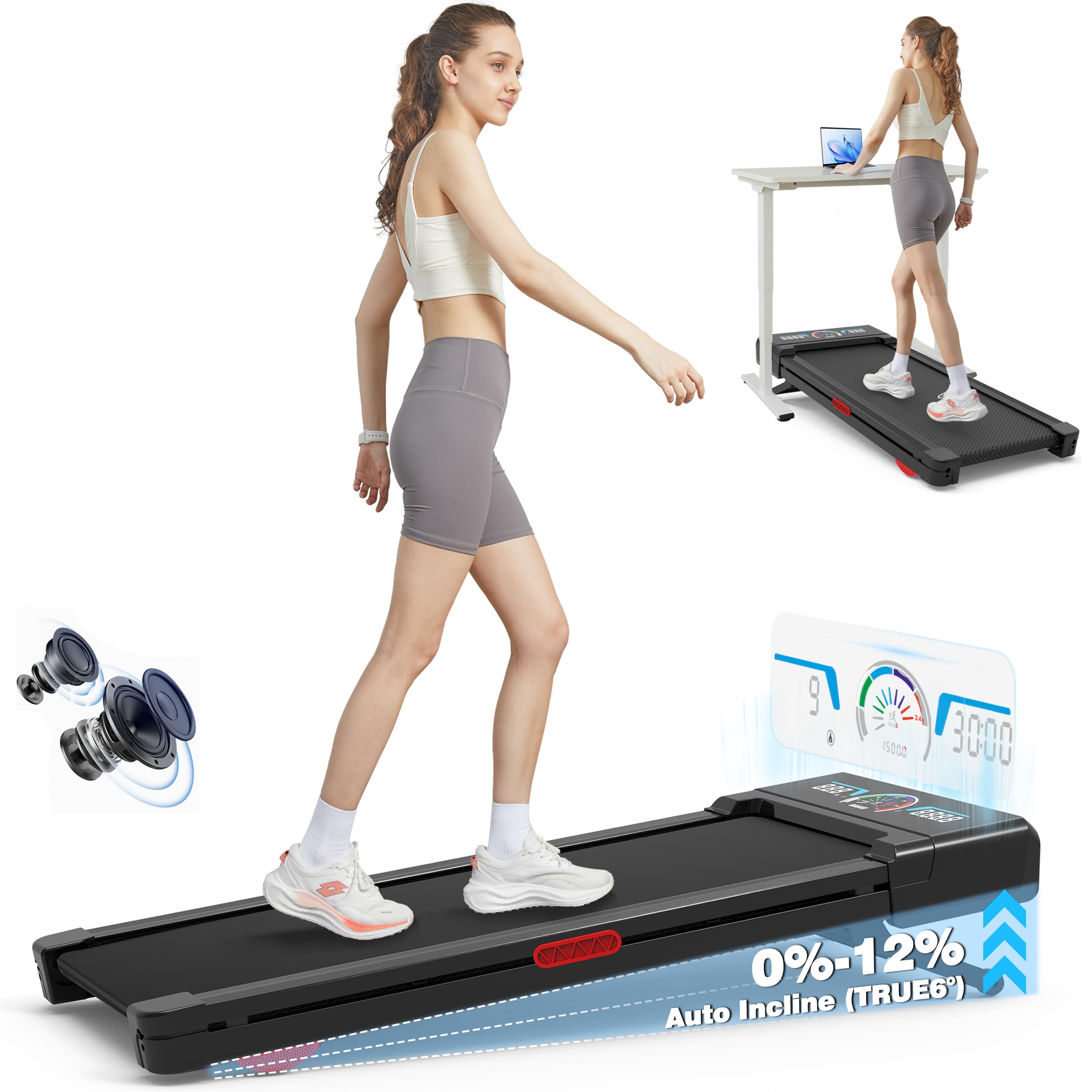Walking Pad Treadmill 12% Auto Incline, Under Desk Treadmill