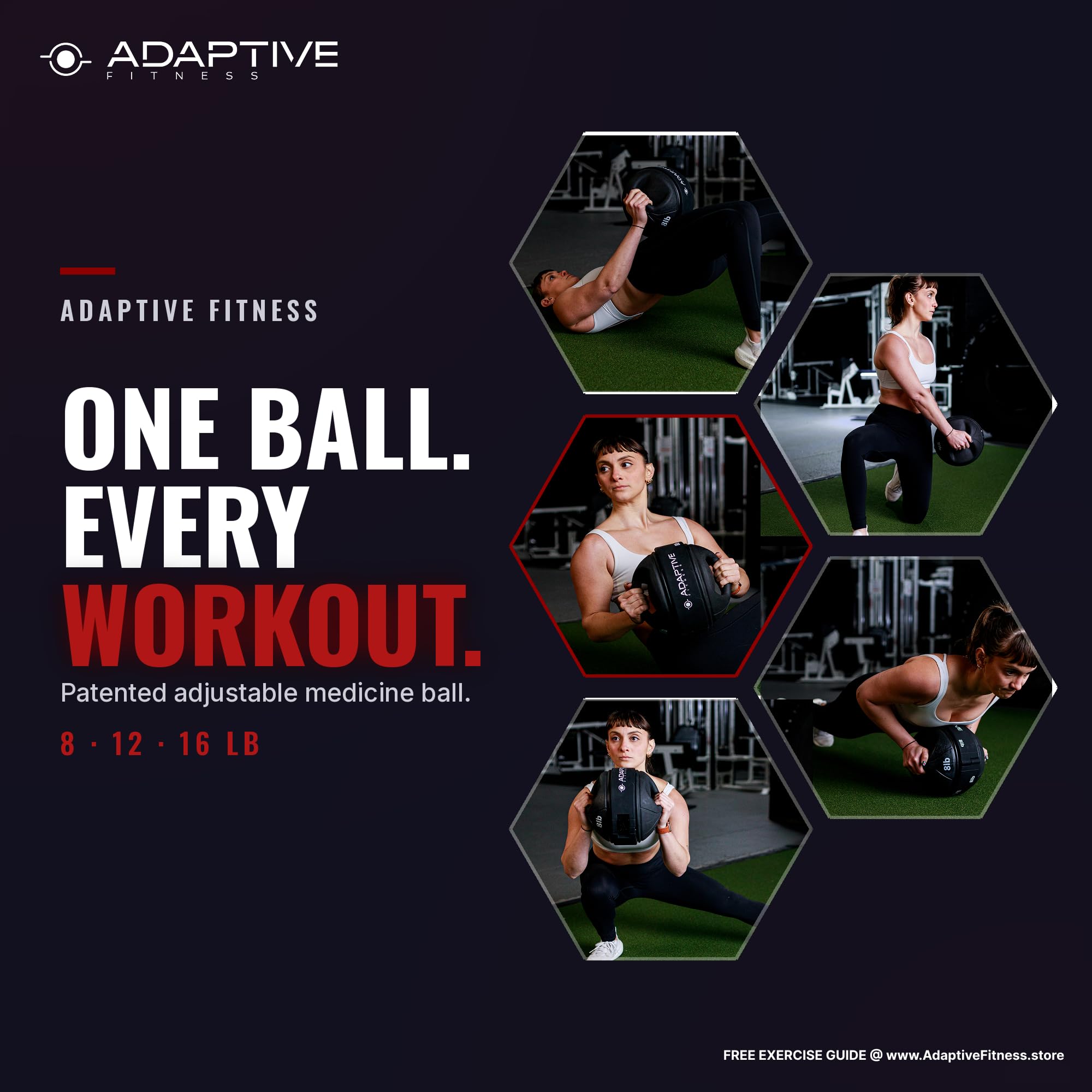 Adjustable Medicine Ball with Handles, 3 Weights in 1 - 8, 12 & 16 lb