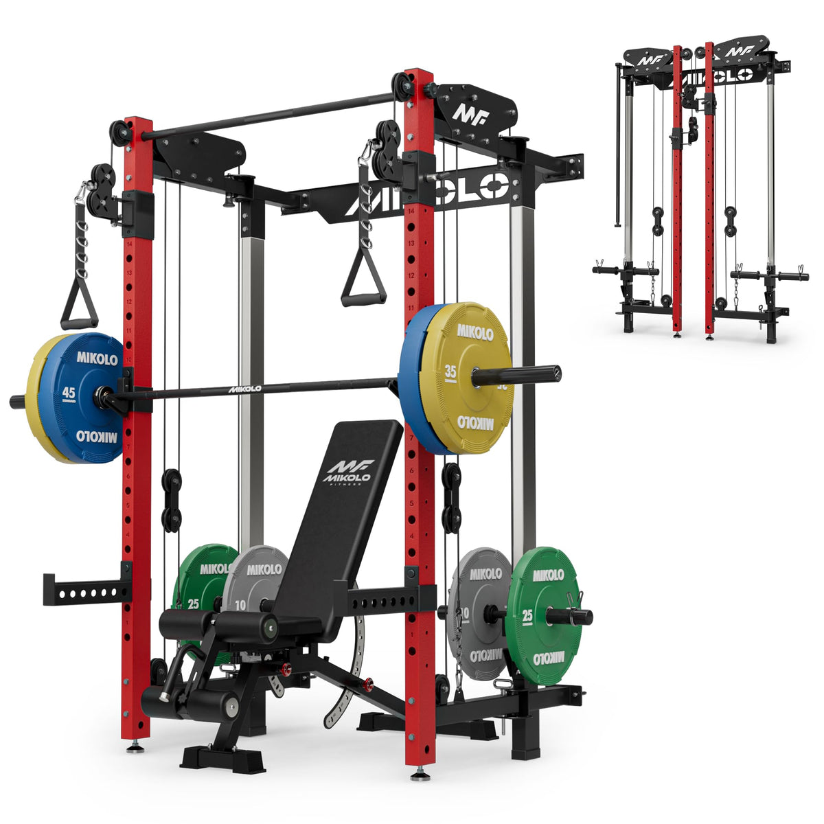 Mikolo Folding Squat Rack, Wall Mounted Power Rack with Cable Crossover Machine & LAT Pull Down, Functional Trainer with 5 Adjustable Function Modes, Home Gym Package