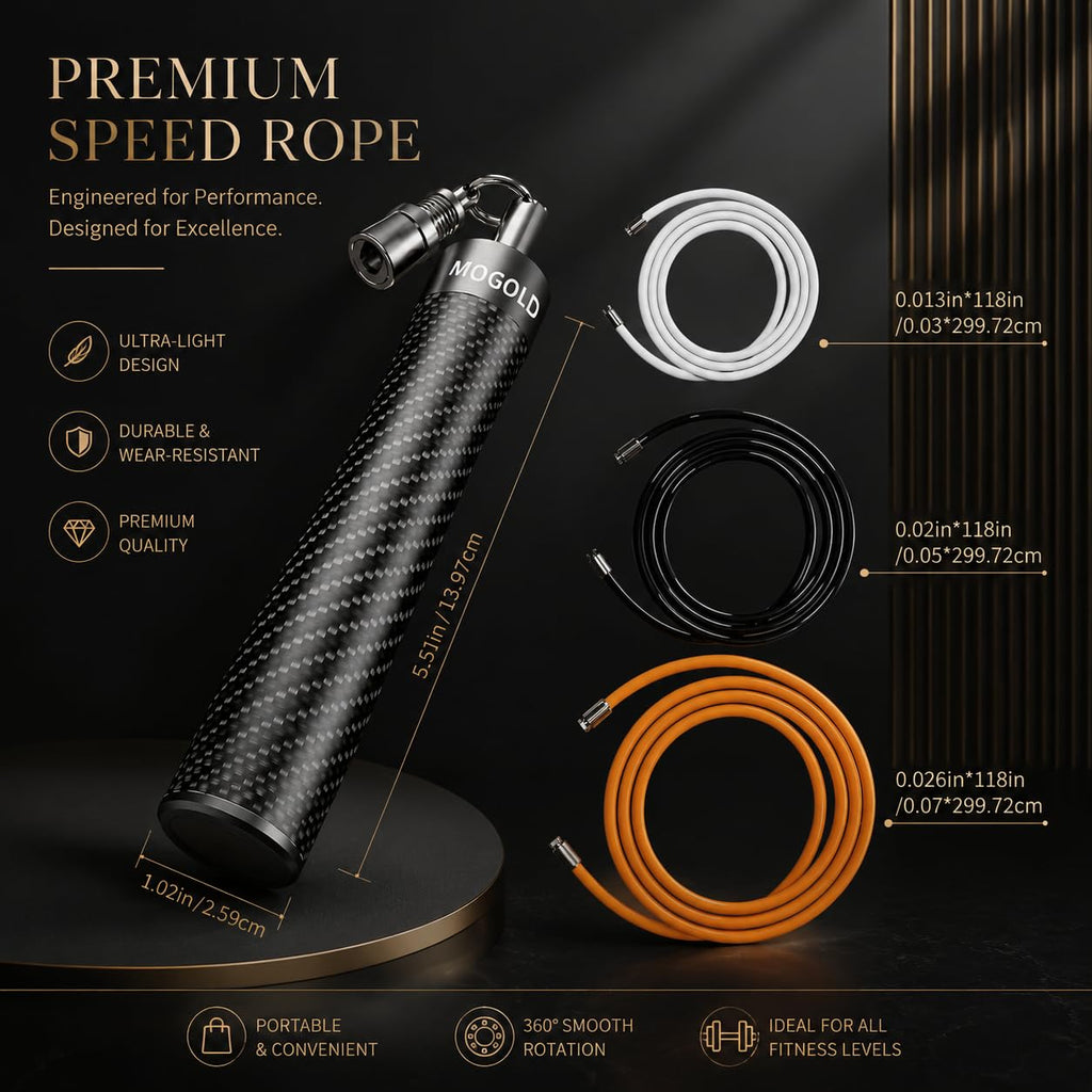 Mogold Weighted Jump Rope for Men Women -Interchangeable 1/5lb 1/4lb 1/2lb Heavy jump ropes - 360 Degree Spin - Length Adjustable,Ergonomics Leather Grip Skipping Rope for Fitness Weight Loss & More