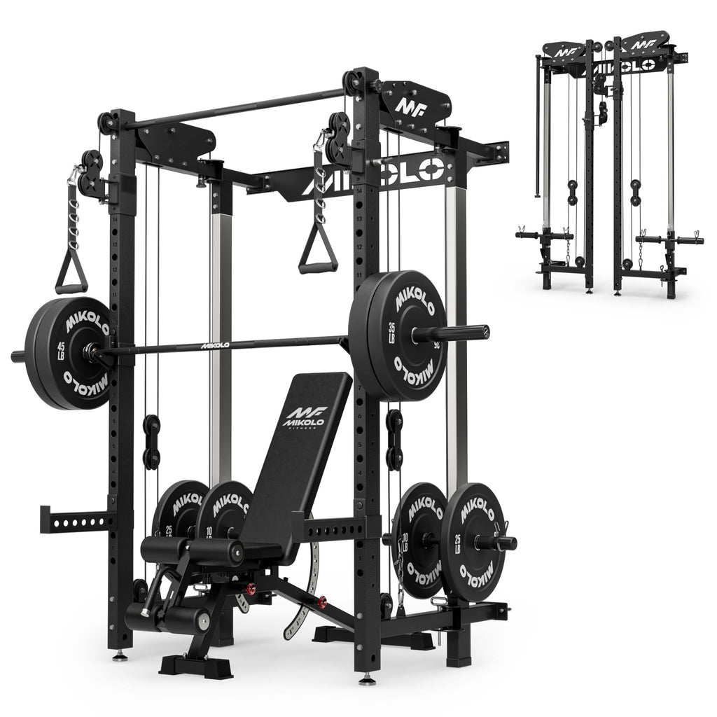Mikolo Folding Squat Rack, Wall Mounted Power Rack with Cable Crossover Machine & LAT Pull Down, Functional Trainer with 5 Adjustable Function Modes, Home Gym Package