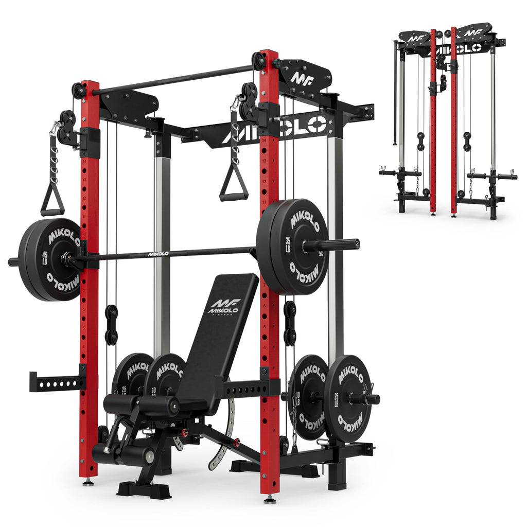 Mikolo Folding Squat Rack, Wall Mounted Power Rack with Cable Crossover Machine & LAT Pull Down, Functional Trainer with 5 Adjustable Function Modes, Home Gym Package