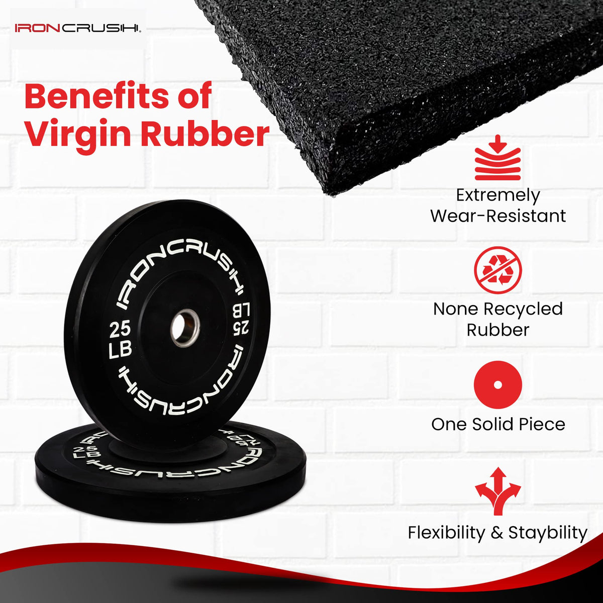 Iron Crush Olympic Bumper Plates Set - Virgin Rubber Weights for Strength Training - Fits 2" Barbells - Sold in Pairs