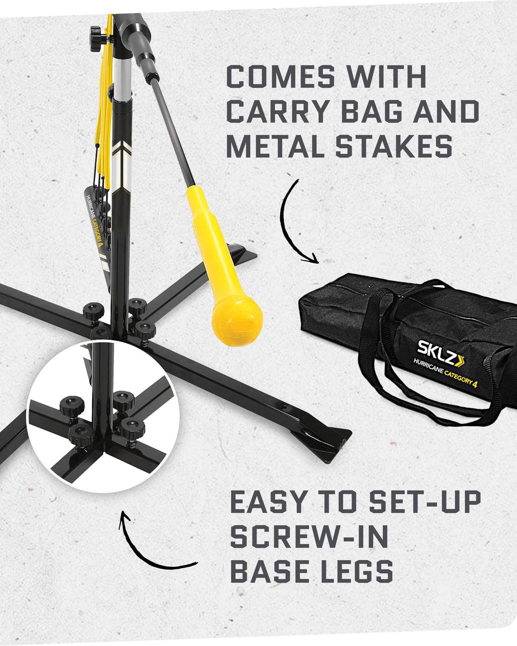 SKLZ Hurricane Baseball and Softball Swing Trainer, Adjustable Power Band System with Anti-Dent Ball Head, Height 23 to 38 Inches, Solo Hitting Practice for Youth Ages 14 and Under