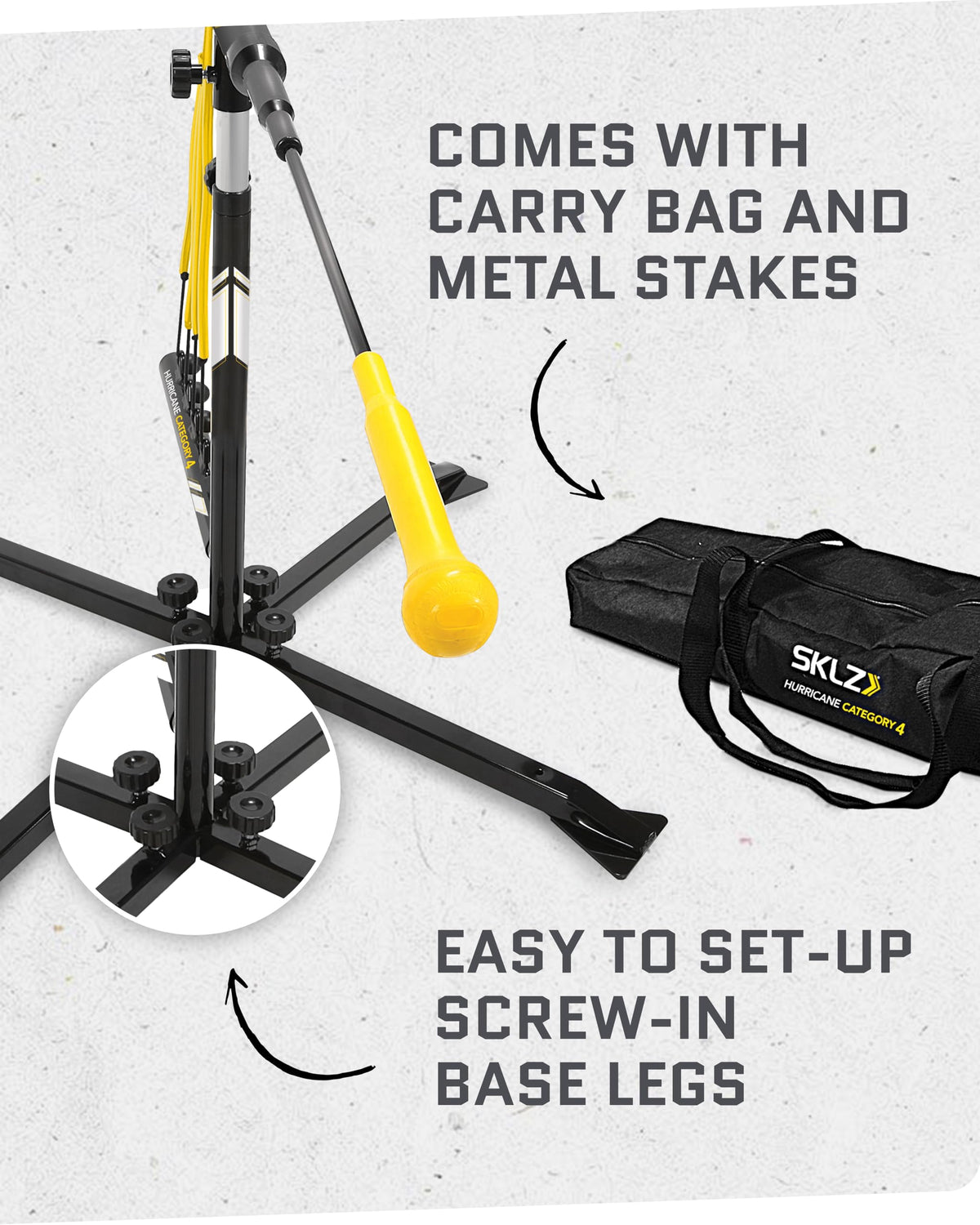 SKLZ Hurricane Baseball and Softball Swing Trainer, Adjustable Power Band System with Anti-Dent Ball Head, Height 23 to 38 Inches, Solo Hitting Practice for Youth Ages 14 and Under