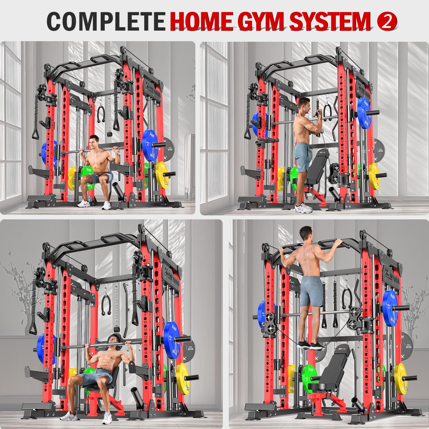 Smith Machine with Cable Crossover System, Multi-Function Power Cage Squat Rack for Home Gym, Power Rack and Packages Weight Sets.