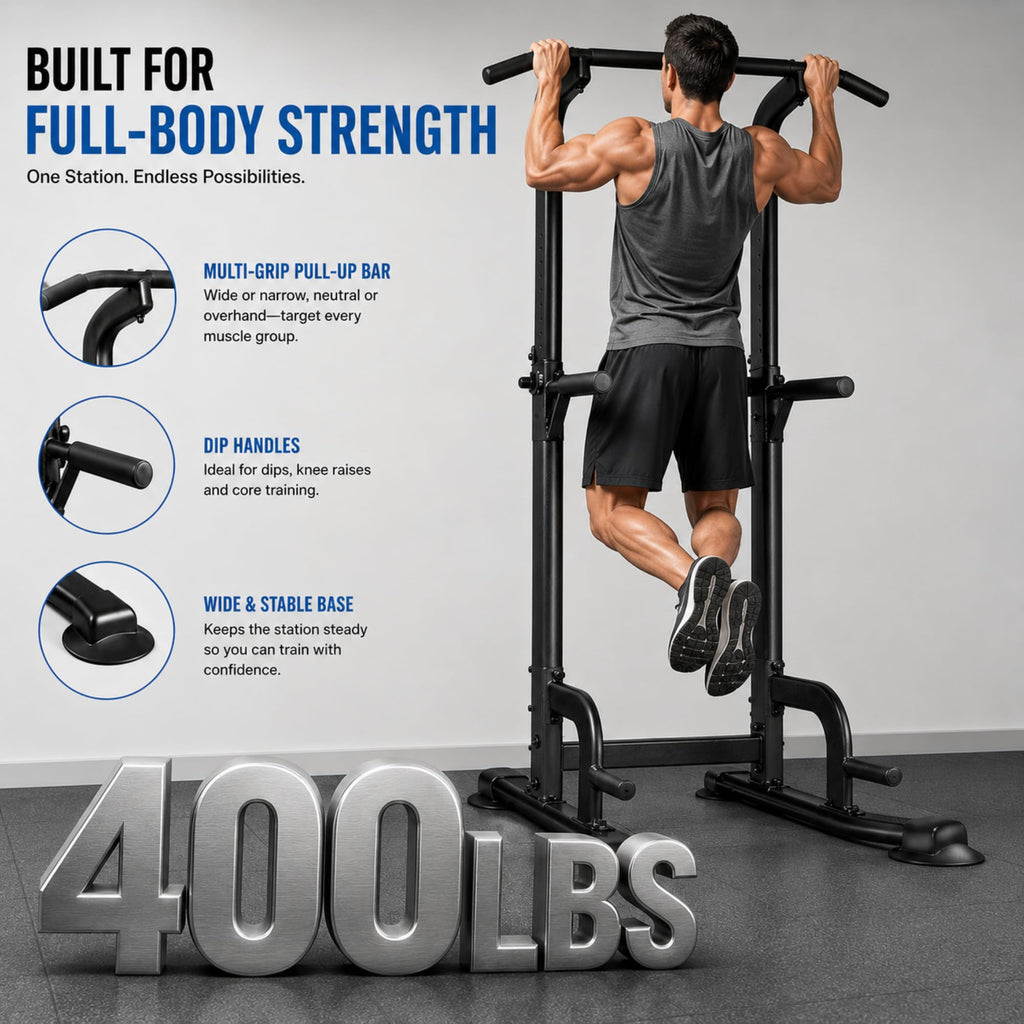 BARWING Pull Up Bar Station, Power Tower, Dip Station with 3D Backrest, Multi-Function Strength Training Stand Rack, Adjustable Height Dip Bar for Home Gym Workout Stand Fitness Exercise Equipment