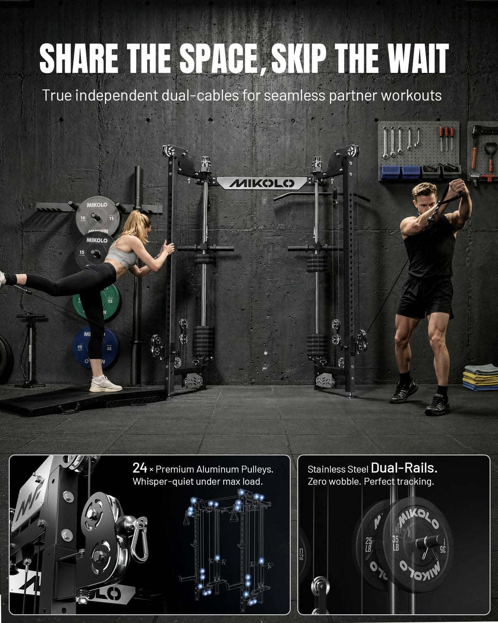 Mikolo Folding Squat Rack, Wall Mounted Power Rack with Cable Crossover Machine & LAT Pull Down, Functional Trainer with 5 Adjustable Function Modes, Home Gym Package