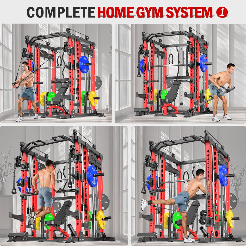 Smith Machine with Cable Crossover System, Multi-Function Power Cage Squat Rack for Home Gym, Power Rack and Packages Weight Sets.