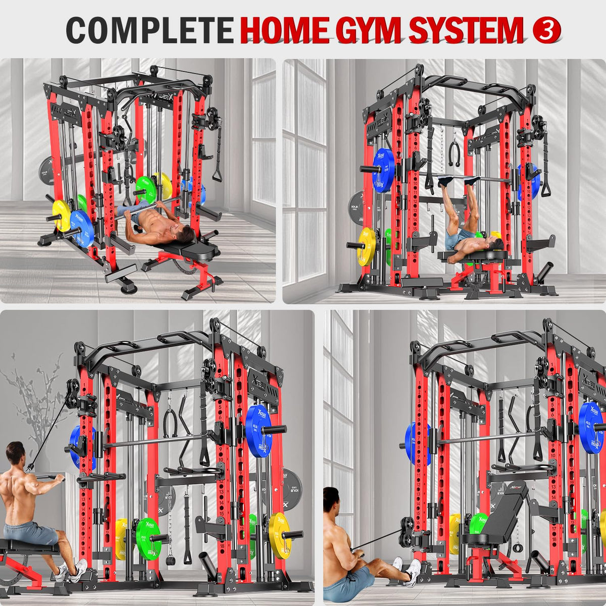 Smith Machine with Cable Crossover System, Multi-Function Power Cage Squat Rack for Home Gym, Power Rack and Packages Weight Sets.