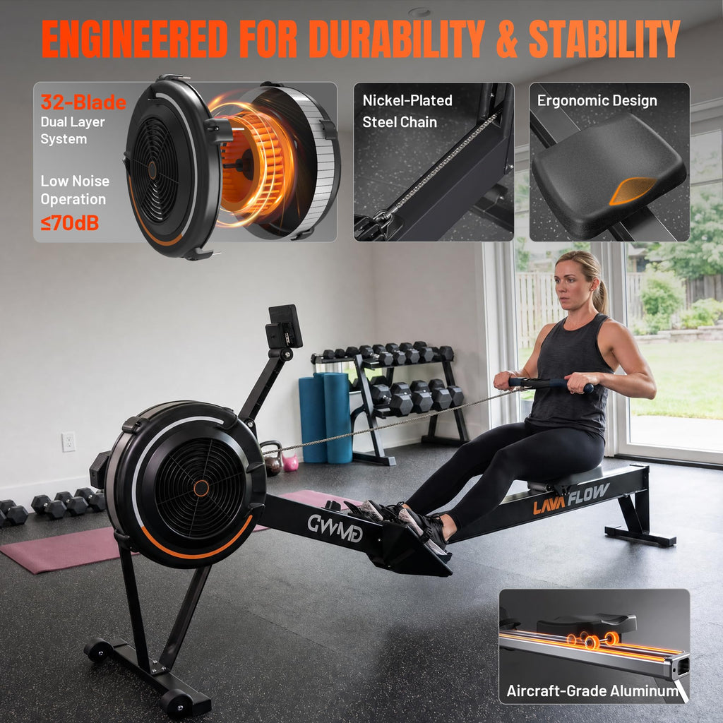 GMWD Air Rowing Machines for Home, 10-Level Adjustable Resistance Professional Rower Machine with Performance Monitor, Ergonomic Comfort Seat, Device Holder & Easy Storage, Lava Flow Series