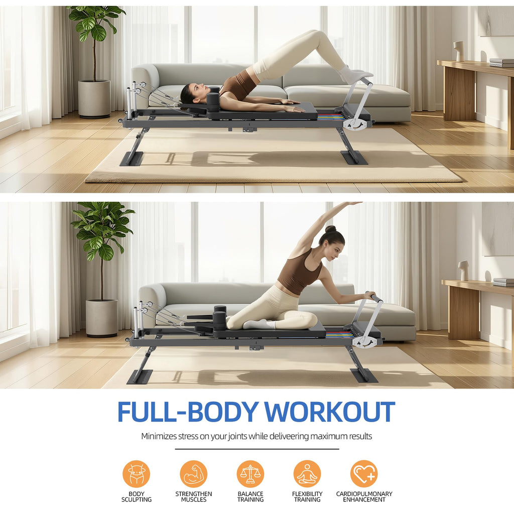 Foldable Pilates Reformer with Adjustable Resistance Bands