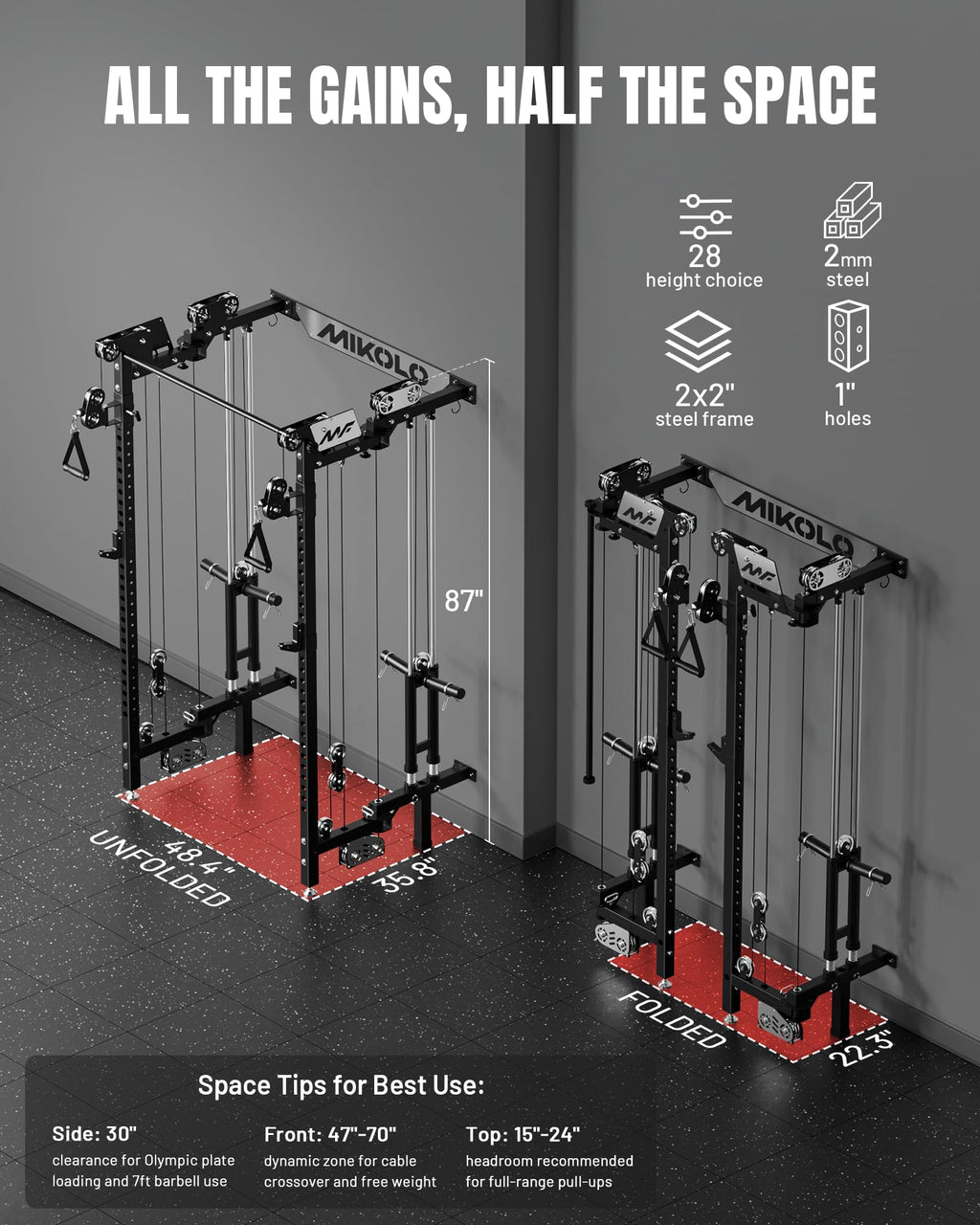 Mikolo Folding Squat Rack, Wall Mounted Power Rack with Cable Crossover Machine & LAT Pull Down, Functional Trainer with 5 Adjustable Function Modes, Home Gym Package