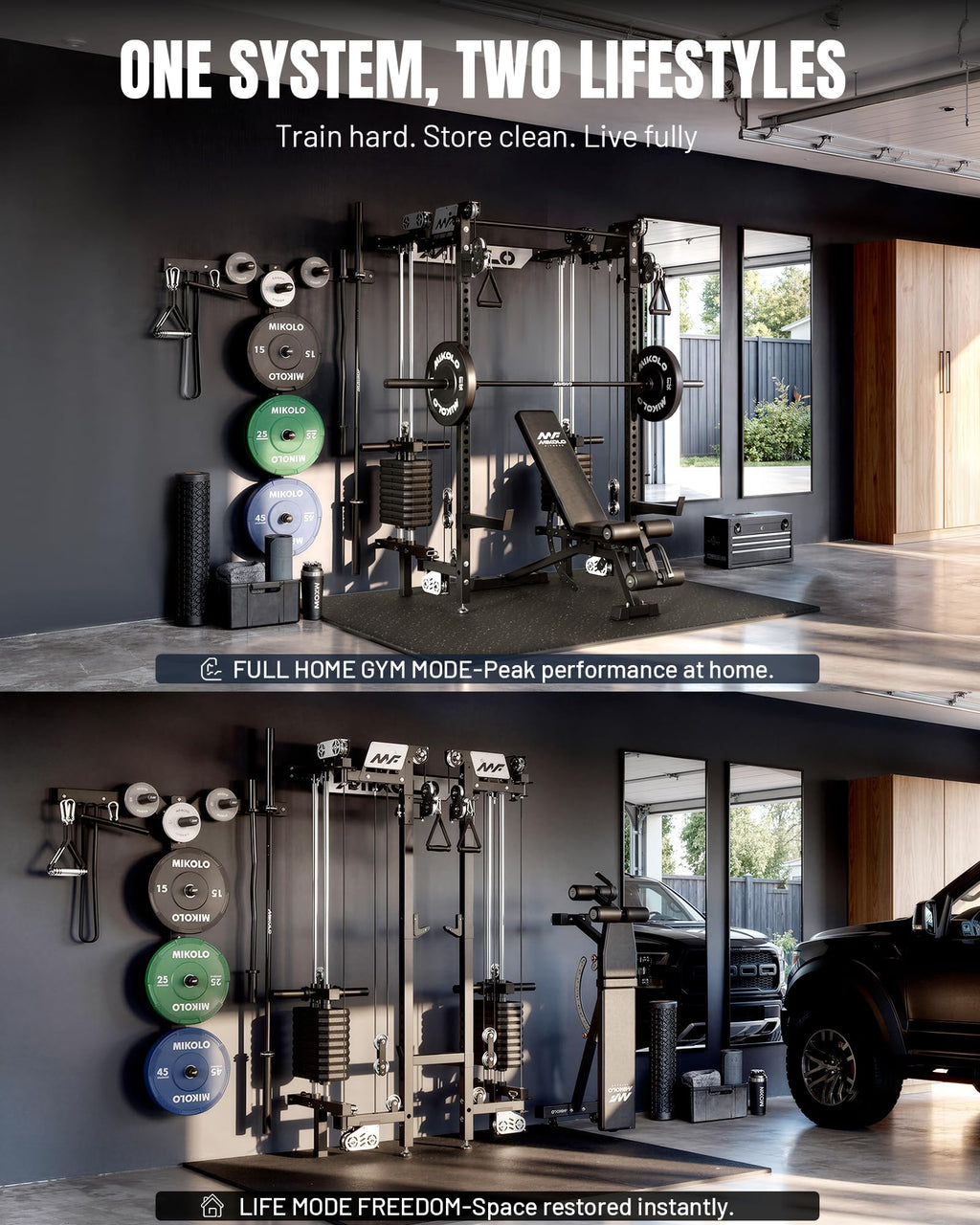 Mikolo Folding Squat Rack, Wall Mounted Power Rack with Cable Crossover Machine & LAT Pull Down, Functional Trainer with 5 Adjustable Function Modes, Home Gym Package