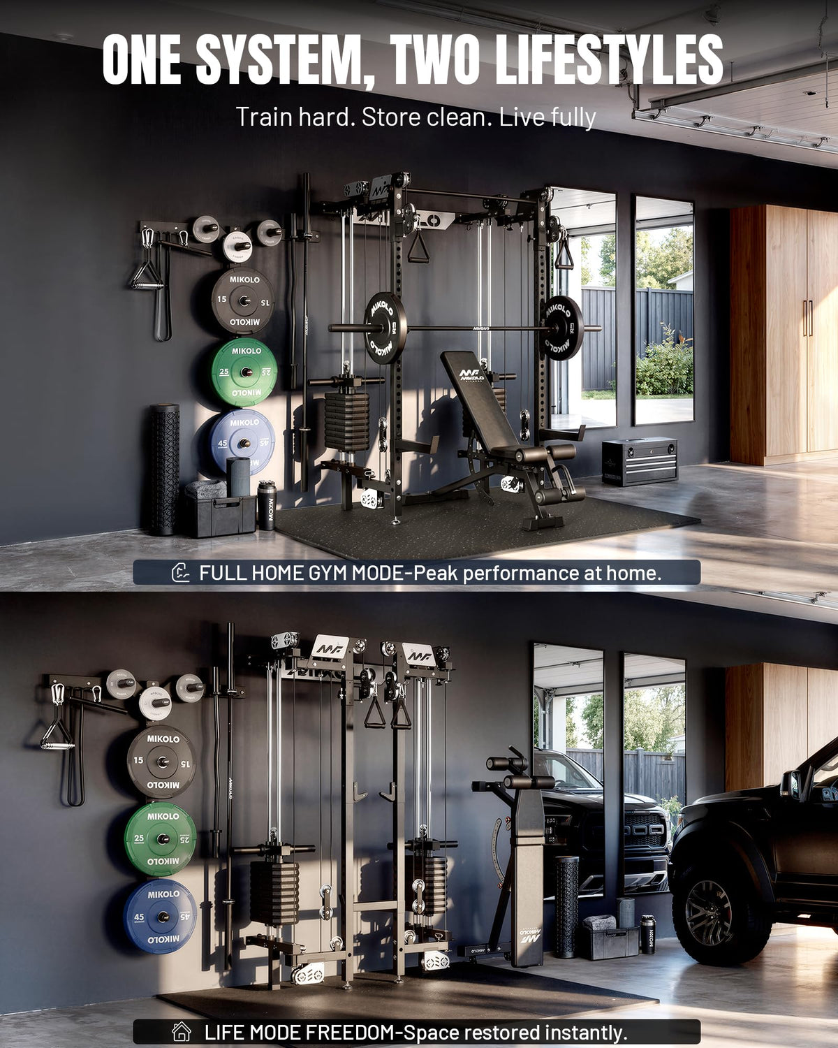Mikolo Folding Squat Rack, Wall Mounted Power Rack with Cable Crossover Machine & LAT Pull Down, Functional Trainer with 5 Adjustable Function Modes, Home Gym Package