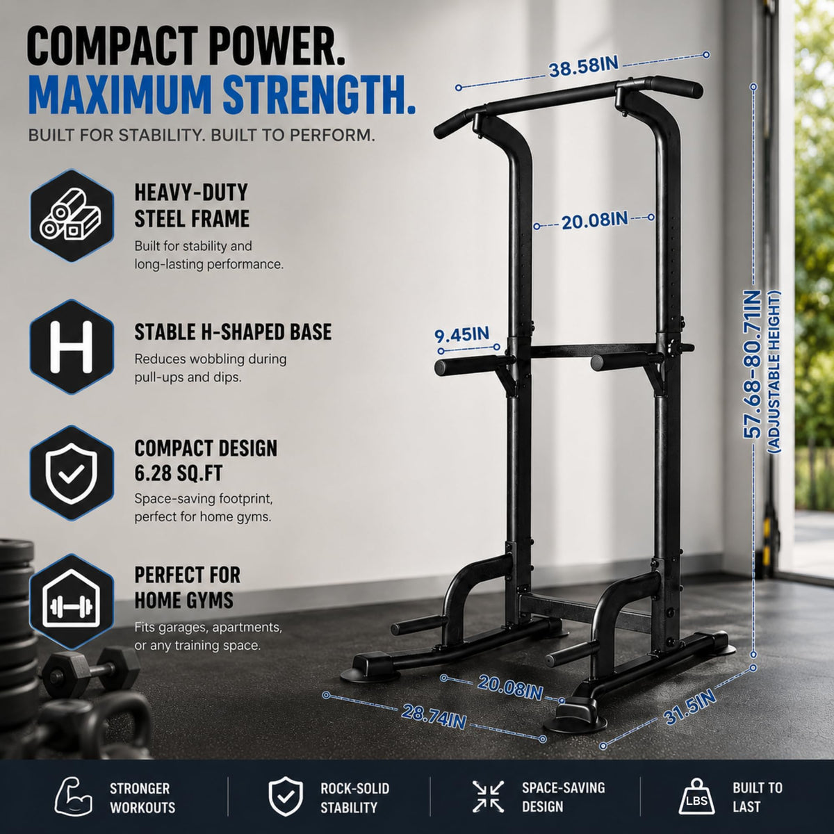 BARWING Pull Up Bar Station, Power Tower, Dip Station with 3D Backrest, Multi-Function Strength Training Stand Rack, Adjustable Height Dip Bar for Home Gym Workout Stand Fitness Exercise Equipment