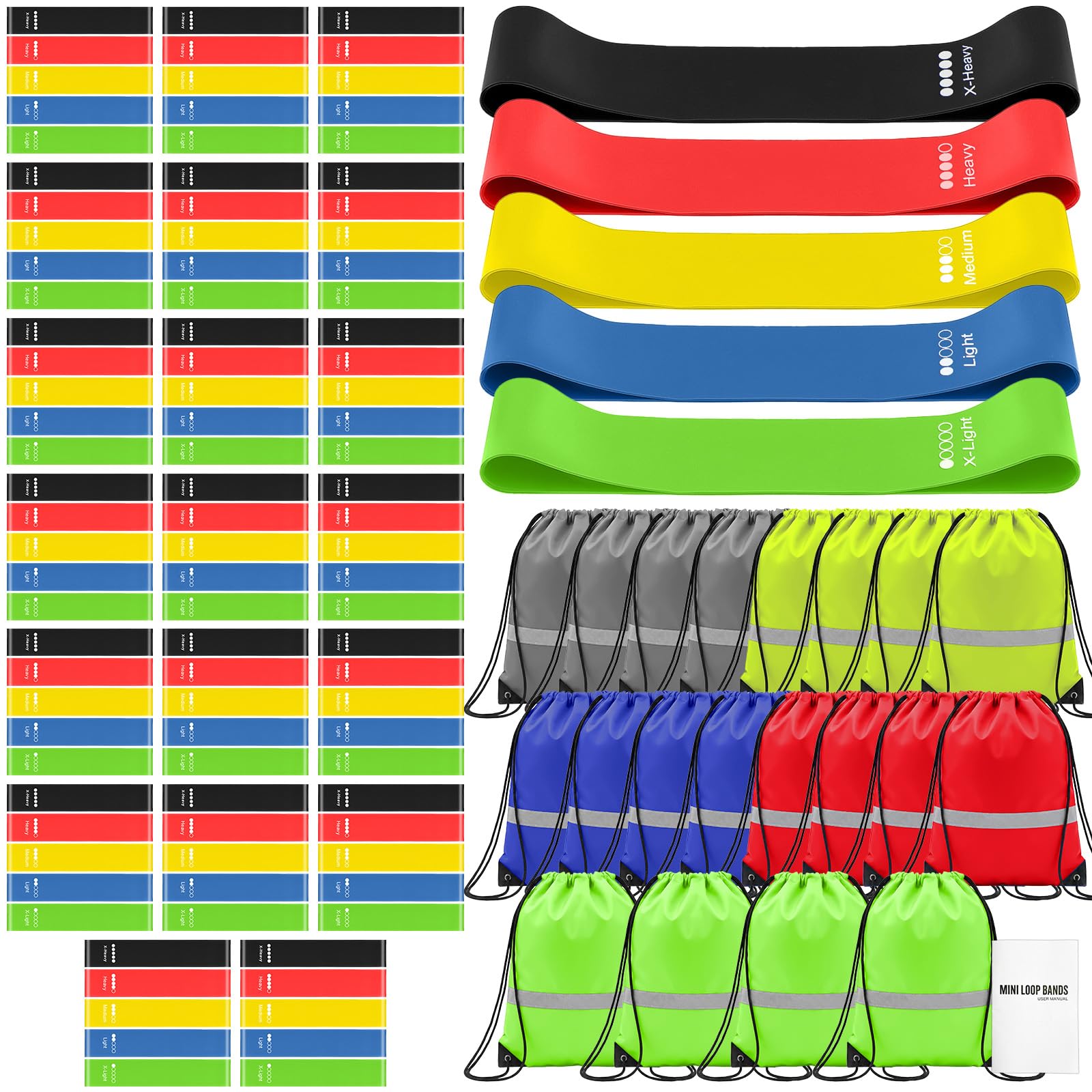 Sratte 120 Pcs Workout Loop Resistance Bands Bulk, Gym Elastic Bands Set for Fitness Sport Class Students Members Gift Physical, 5 Pieces Each Set, with Large Drawstring Backpack Bags